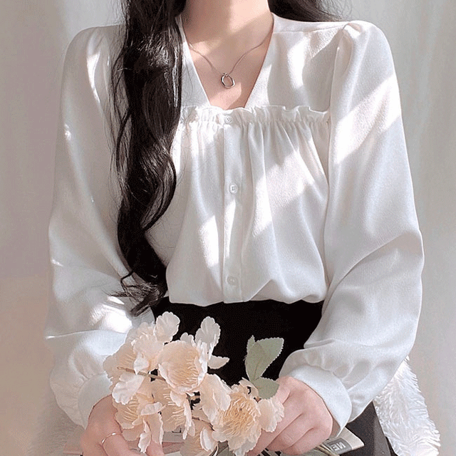[봄신상/만능템] 릴리 청순데일리 프릴 스퀘어넥 셔링 퍼프 블라우스