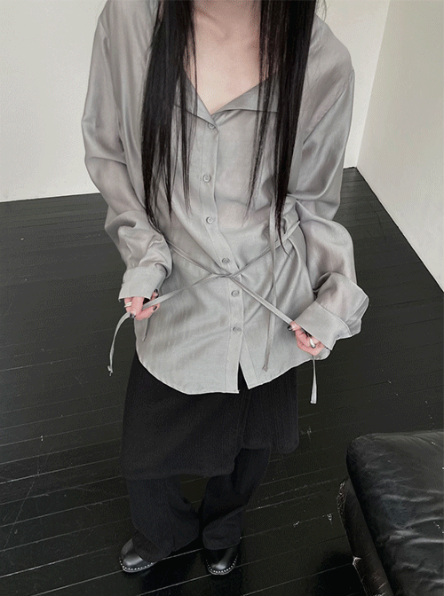 느웬 플랫 시스루 블라우스 (4colors)(스트링블라우스/하객룩/출근룩/봄셔츠)