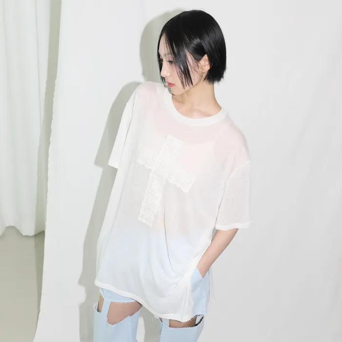 Lace Cross Half T-shirt - IVORY