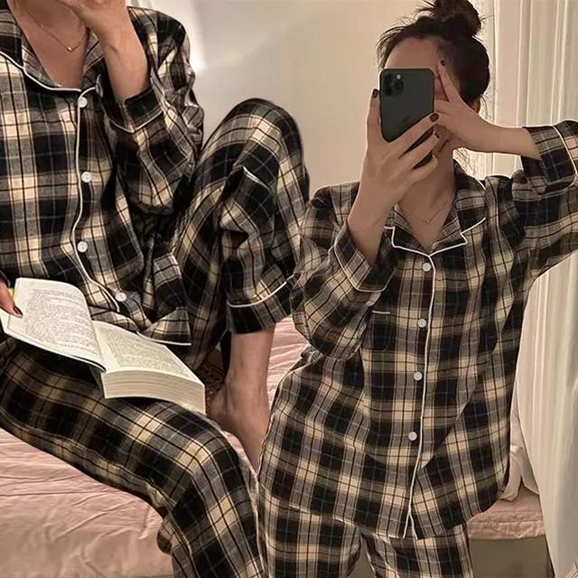 면잠옷 브라운컴피무드 체크잠옷 세트 긴팔 간절기 집콕룩 여성실내복 우정잠옷 빅사이즈홈웨어