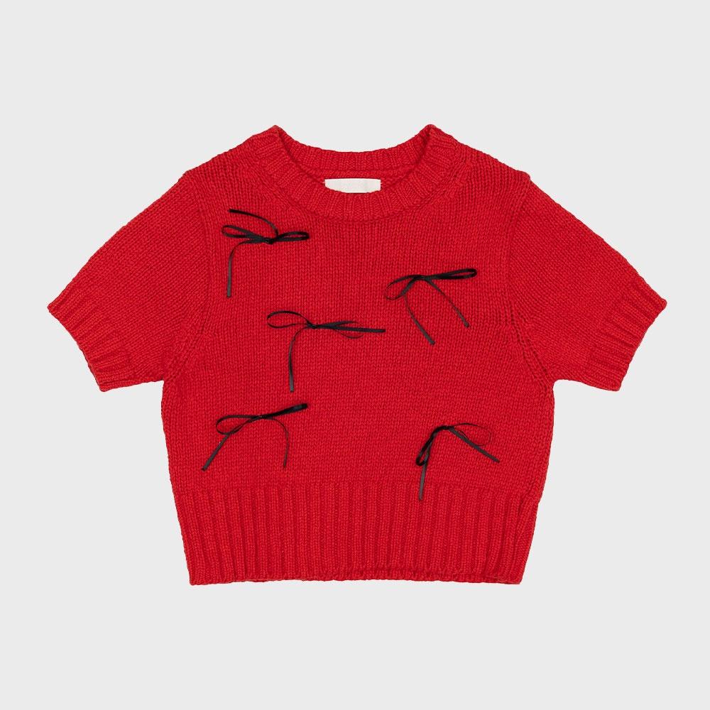 RIBBONS SHORT-SLEEVED KNIT TOP-RED