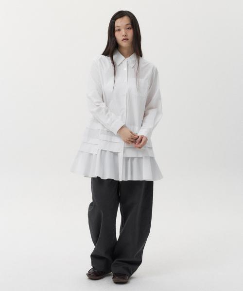 FRILL LAYERED POCKET SHIRT DRESS, WHITE