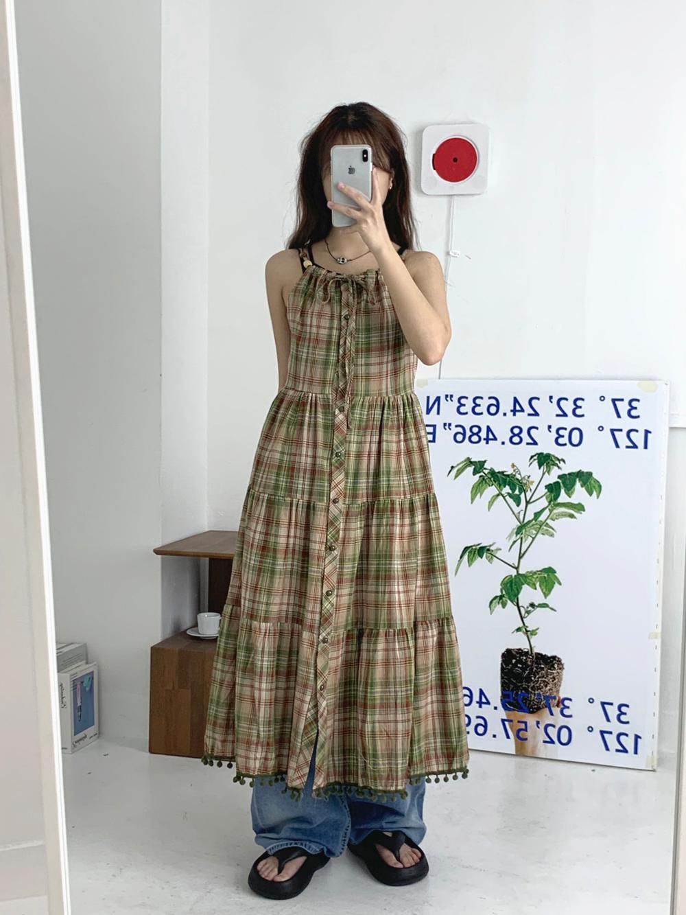 러브앤드팝 키나 체크 롱 원피스