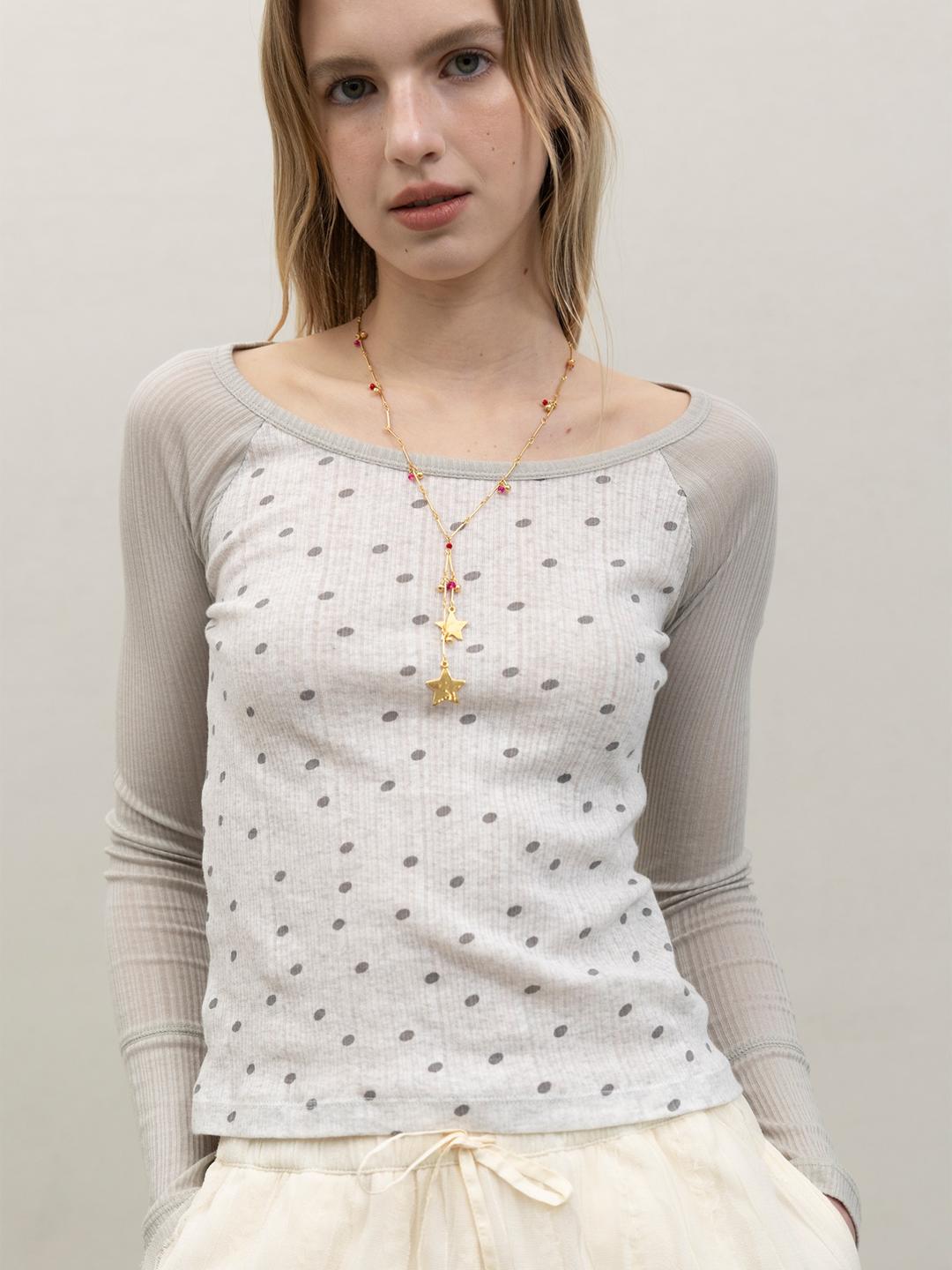Sheer Polka Dot Raglan Top - Melange Grey