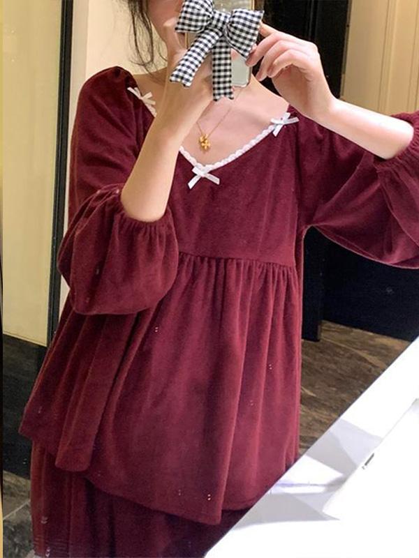 버건디 긴팔 상하세트 파자마 잠옷