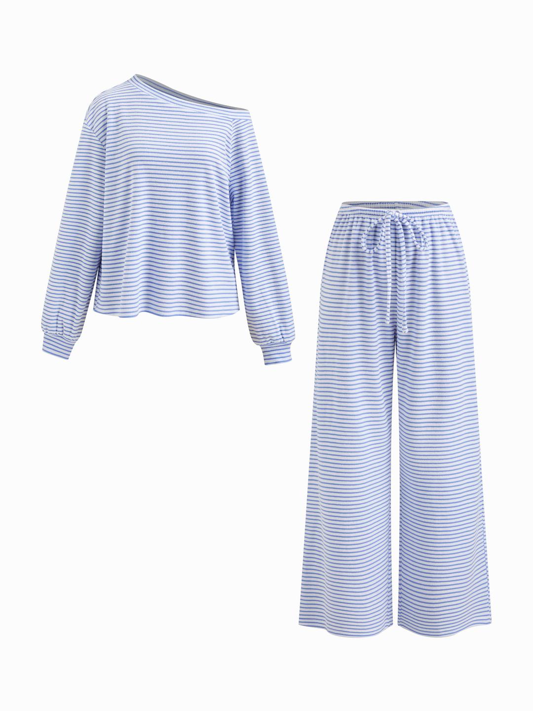 Cotton-blend Asymmetrical Neck Striped Oversized Top & Mid Rise Drawstring Trousers Loungewear Set
