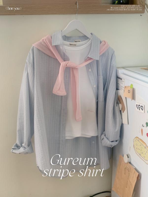유리에 💛수요일까지 10%+무료배송💛 [here you/시어서커☁] 구름 스트라이프 shirt  (봄셔츠/여름셔츠/살안타템/캠퍼스룩/소라색셔츠/장마룩/자수)