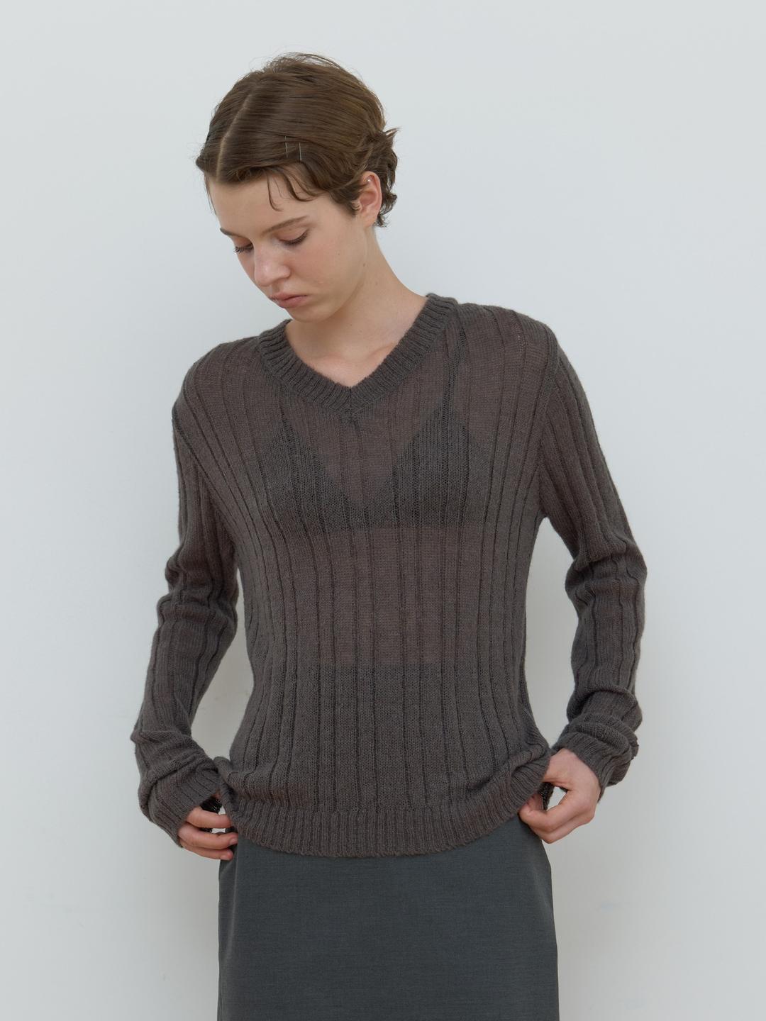 [09.15 순차출고] SHEER V-NECK KNIT_BROWN