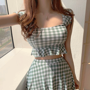 (당일출고) 핑크 블랙 카키초록 체크 날개 스커트 비키니