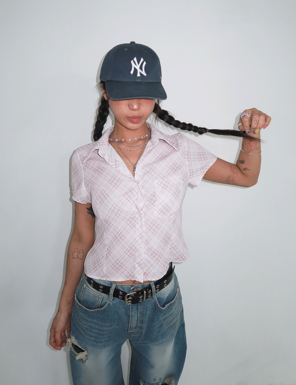 위위미유 CIRCLE CHECK BLOUSE SHIRT / 써클 체크 블라우스 셔츠
