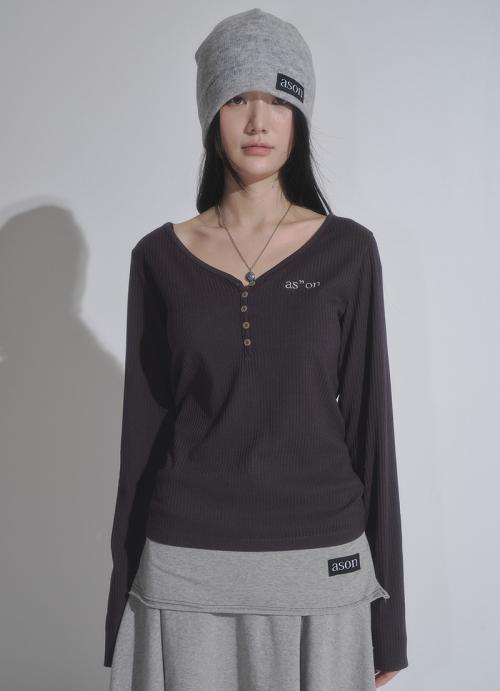 WISH RIBBED BUTTON TEE / CHARCOAL