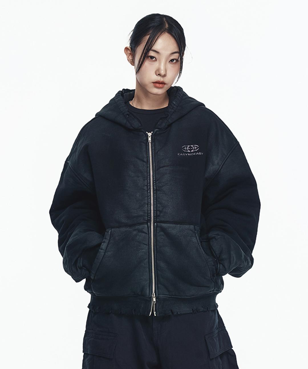 워시드 패딩 후드 집업 - 블랙