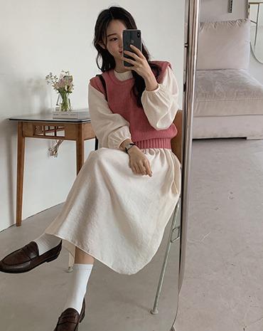 [문의폭주]챠밍 여리 스트링 주름 롱 원피스 (2color)