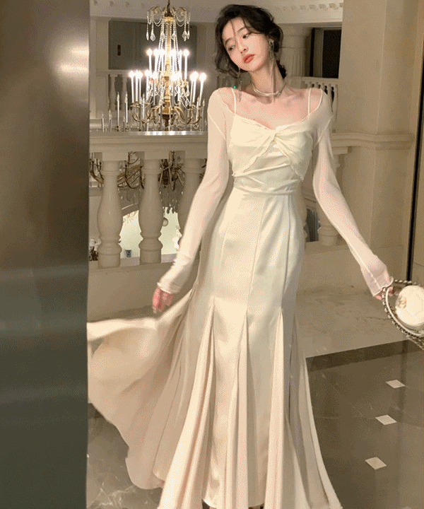 이스티나 바스트샤틴 셔링 머메이드스커트 셀프웨딩 예복 롱원피스