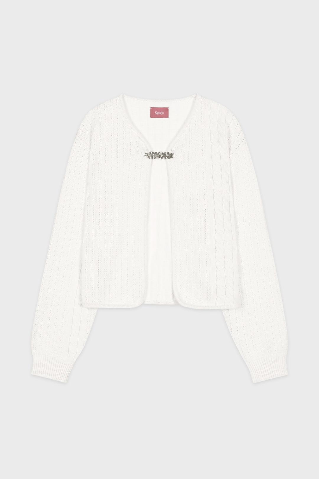 Flower Brooch Twisted Cardigan (Cream)