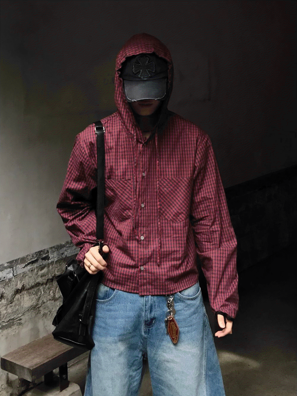 (문의폭주) 체크 핑거홀 크롭 후드셔츠 3C