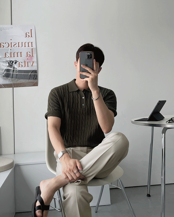 버튼 케이블 반팔 카라 니트 (6 color)