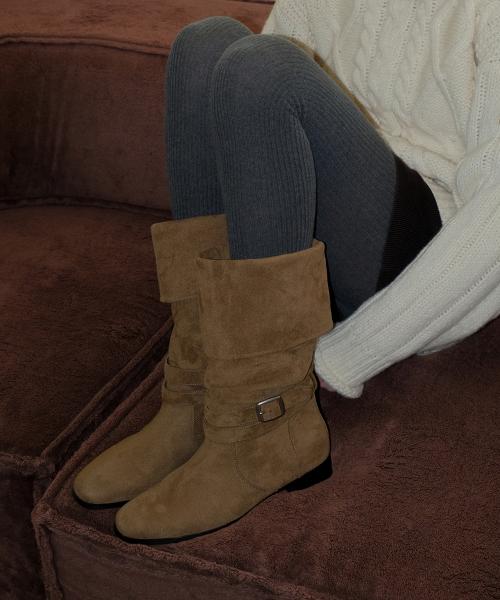 Slouchy Buckle Suede Boots - Brown