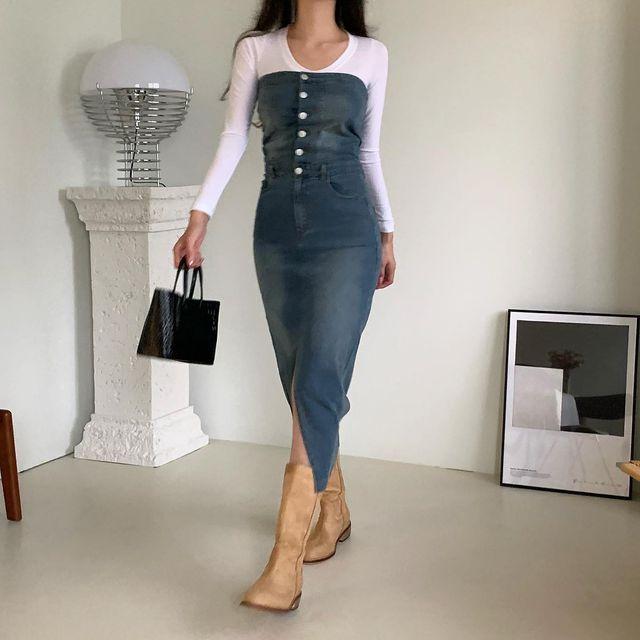 청 튜브탑 레이어드 트임 밴딩 워싱 데님 원피스_빈야드