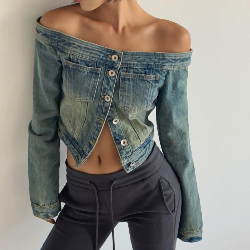 [무배/당일출고] 오프숄더 데님 자켓