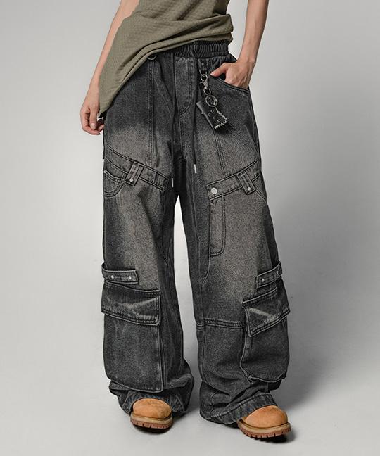워츠베 워싱 절개 카고 밴딩 데님 팬츠 Washed Cargo Seam Denim Pants