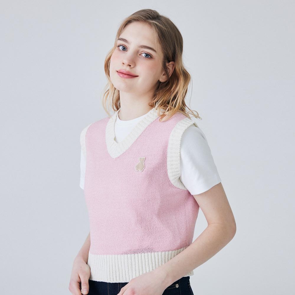 베어 배색 크롭 베스트 핑크