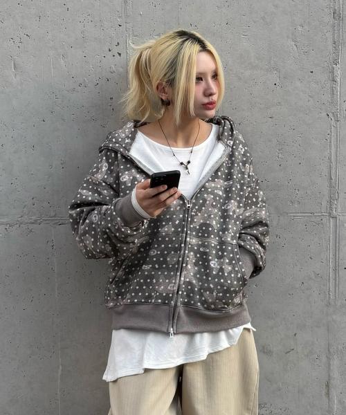 빈티지 카모 토끼땡 풀프린트 투웨이 후드집업