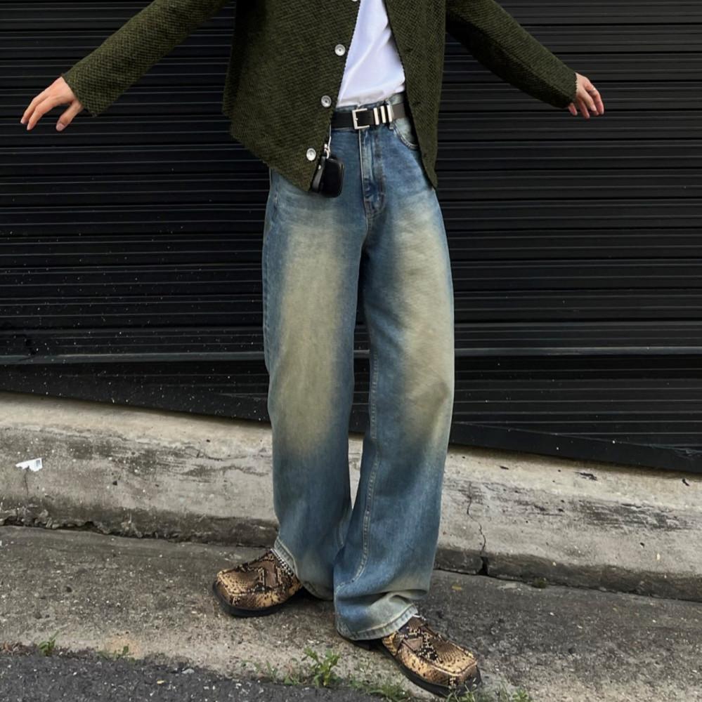 남자 워싱 와이드 데님 중청 팬츠 진 다잉 청바지 척도