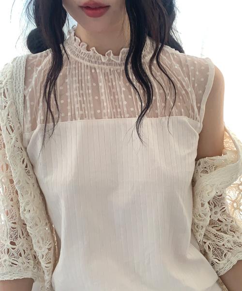(Vintage)Lace Highneck Frill Sleeveless Top