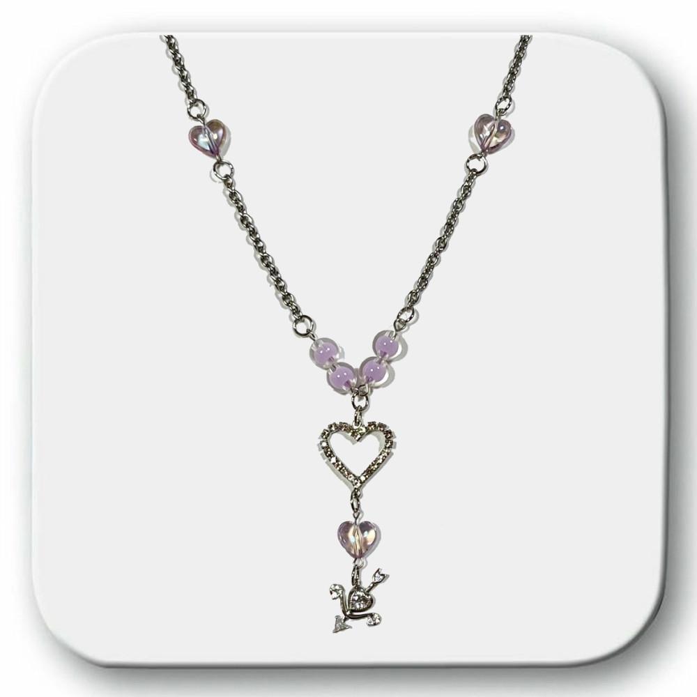 MADE purple cupid / 하트 비즈 드롭 롱 키치 러블리 목걸이