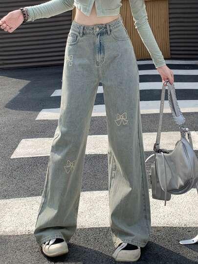 DAZY Women'S Bowknot & Letter Print Straight Leg Jeans With Bow Decoration