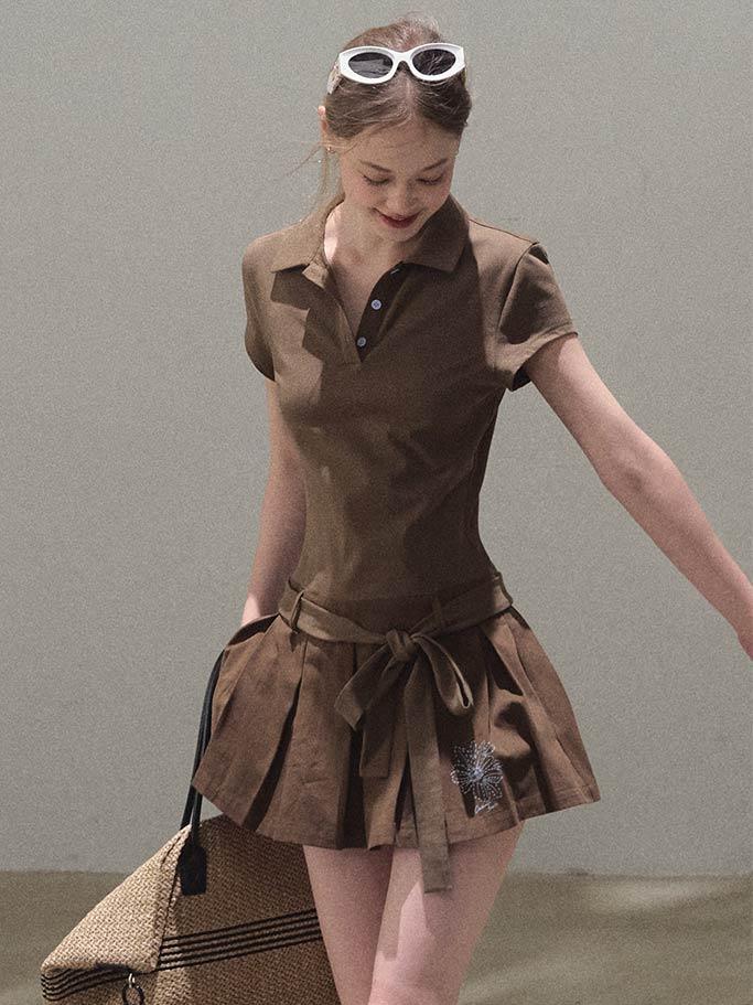 [OAK MOO] Fake Two-Piece Ribbon Strap Pleats Dress