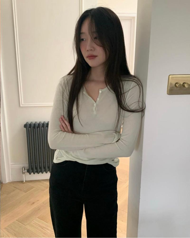 JINSIM 진심 밀키 버튼 티셔츠 울 텐셀 헨리넥 긴팔 t 6colors