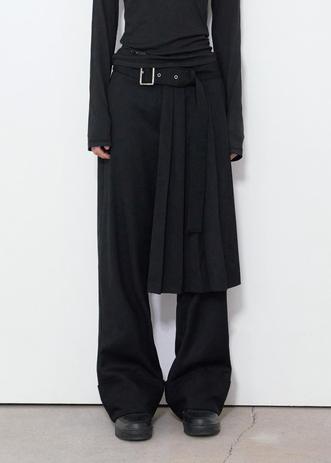 PLEATS BELT SET-UP WIDE PANTS, BLACK