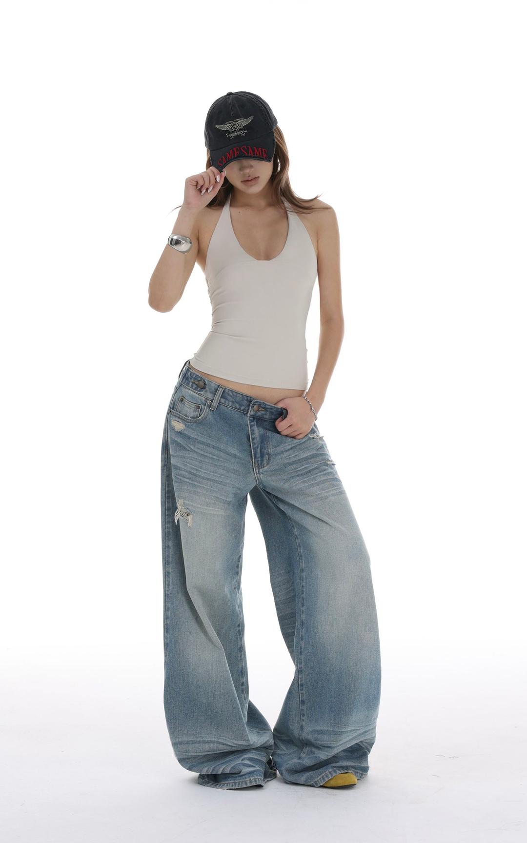 <tc>IAMXIAA</tc> 빈티지 워싱 로우웨이스트 와이드 레그 스트리트 스타일 데님 배기진