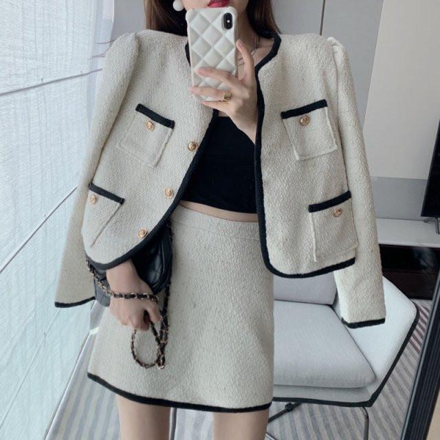 베이비모카 칸 연말룩 하객룩 트위드 여성 노카라 루즈핏 가디건 자켓 스커트 코디 상하세트 : 베이비모카