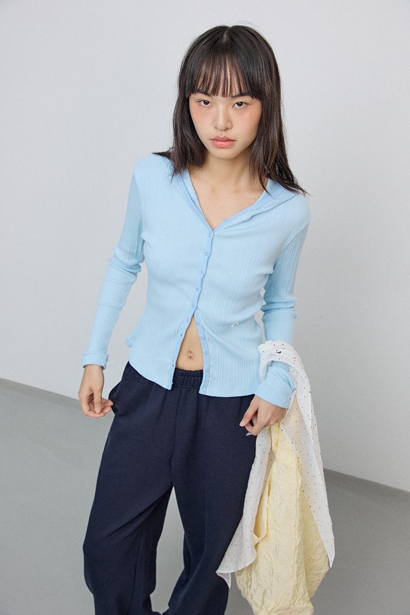 Hooded ribbed cardigan_sky blue