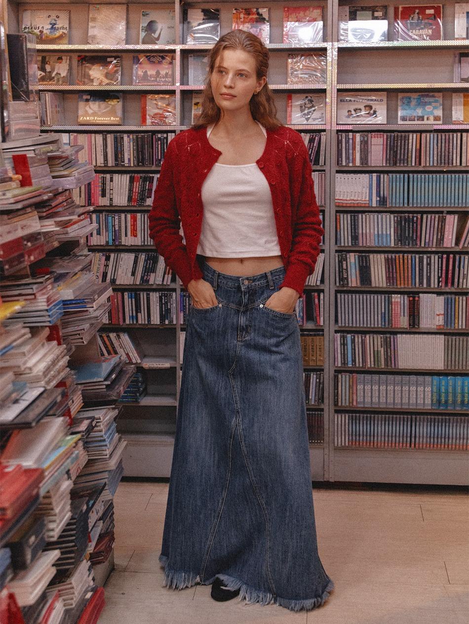 Blue Long Fringe Denim Skirt