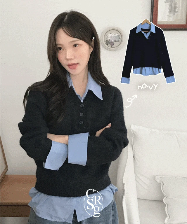 [울6%/일체형] 카오 셔츠 레이어드 헨리넥 니트