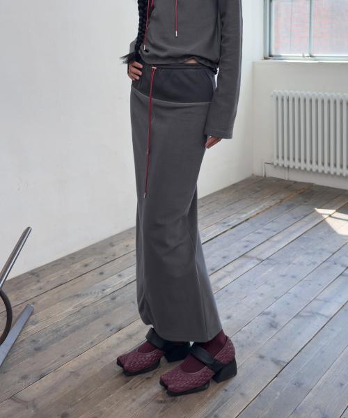 LEATHER STRING TERRY LONG SKIRT-CHARCOAL