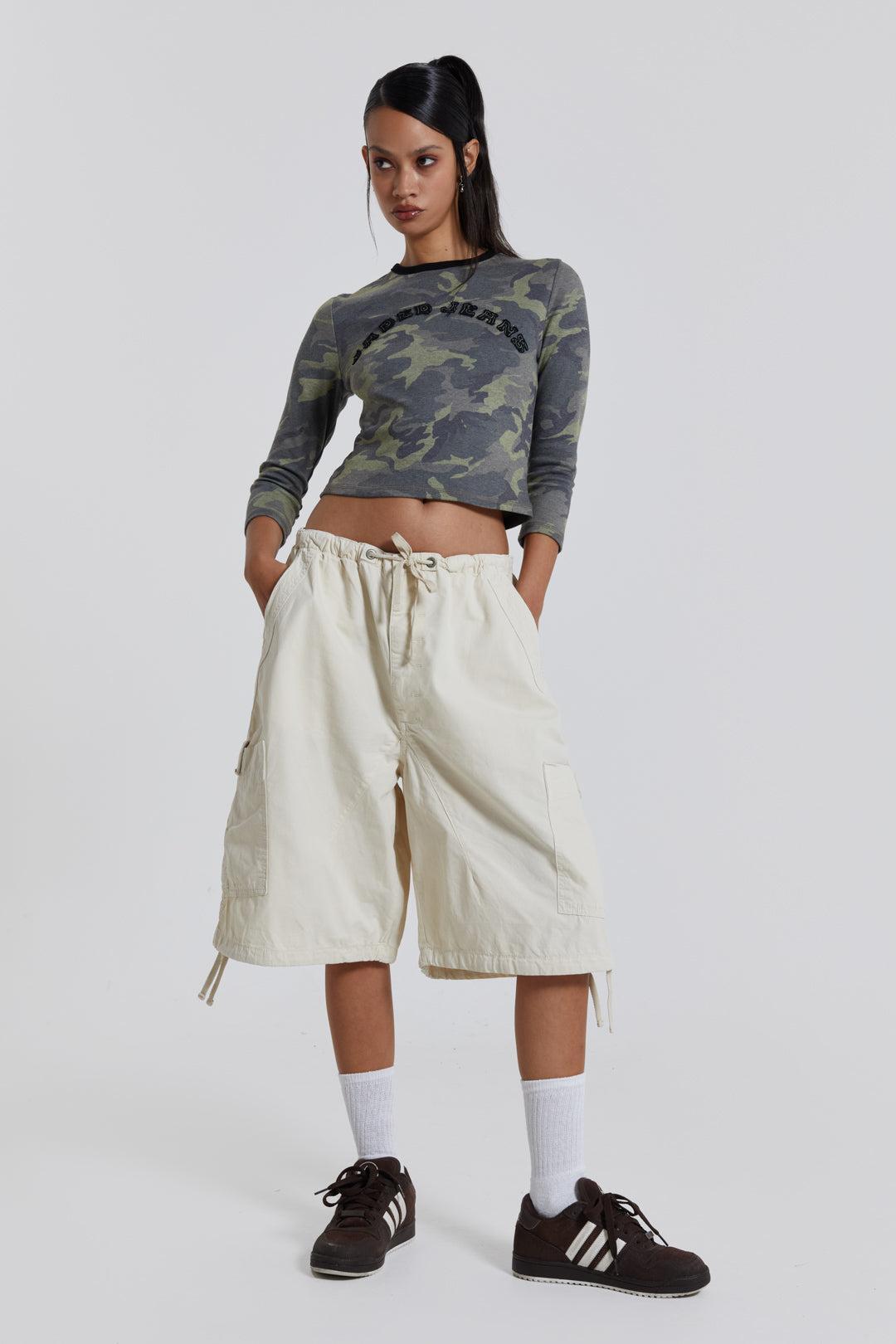 Ecru Parachute Cargo Shorts - XXS / White