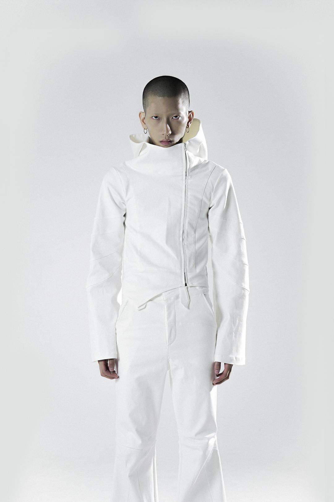 [JUNKPARK] FW 24 High neck unbalance hood jacket (White) (ONE SIZE) - WHITE / ONE SIZE