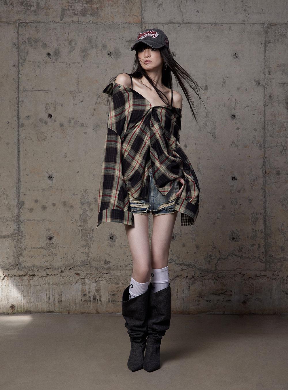 Two-Wear One-Shoulder Vintage Plaid Shirt