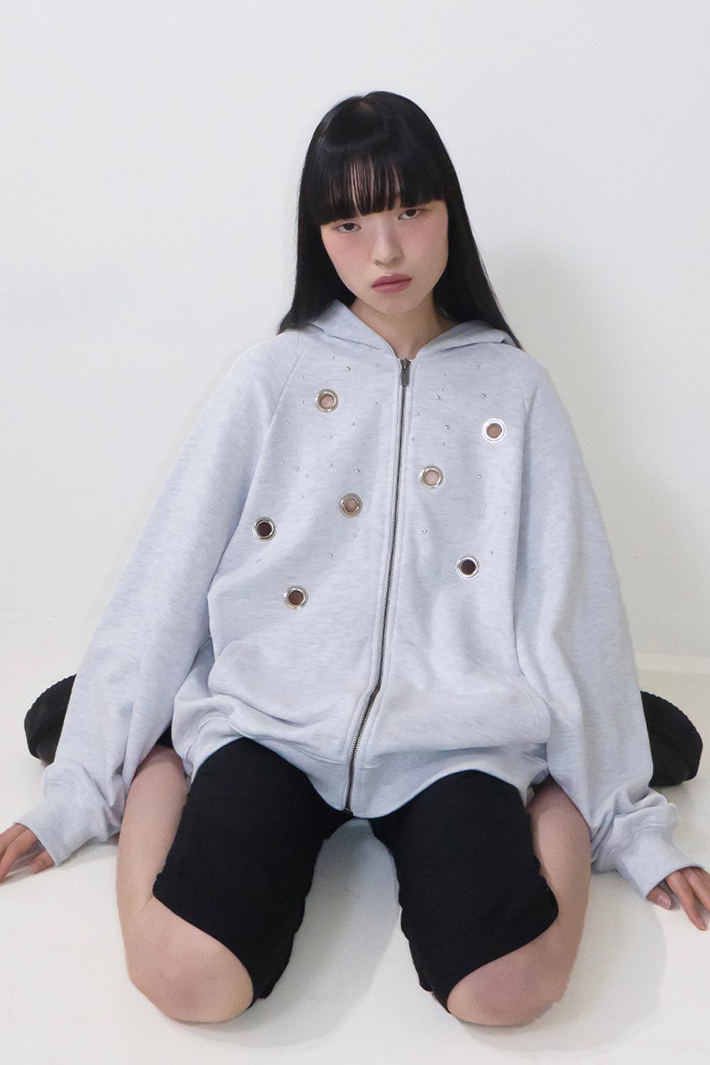 Stud Circle-ring Hoodie-White Melange