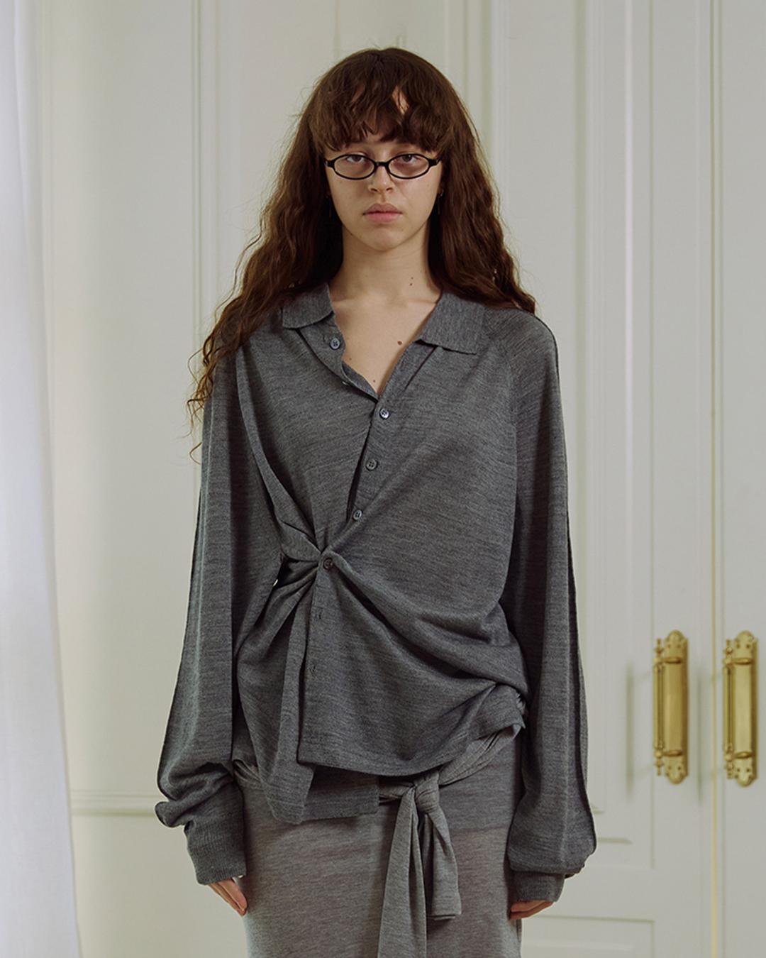 TWO BUTTON COLLAR KNIT CARDIGAN, GREY
