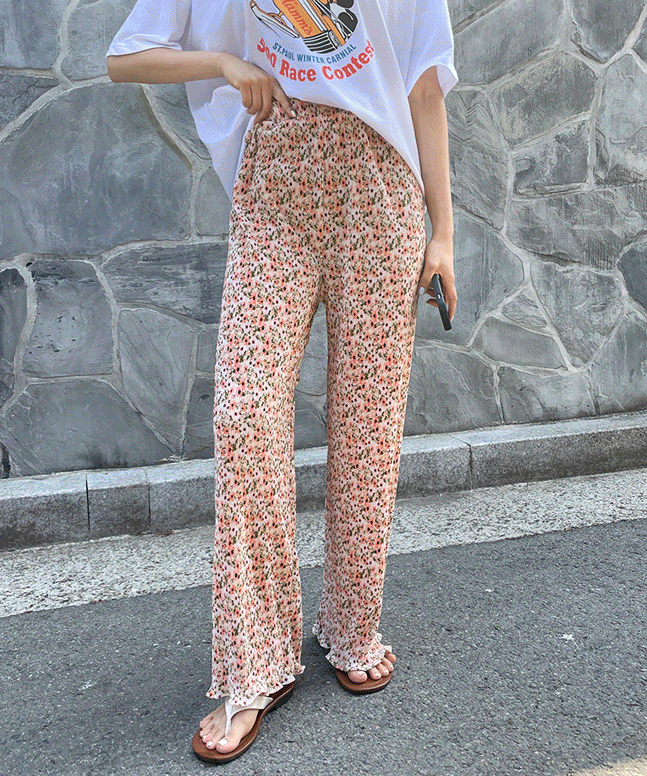 플로럴 플리츠 밴딩팬츠