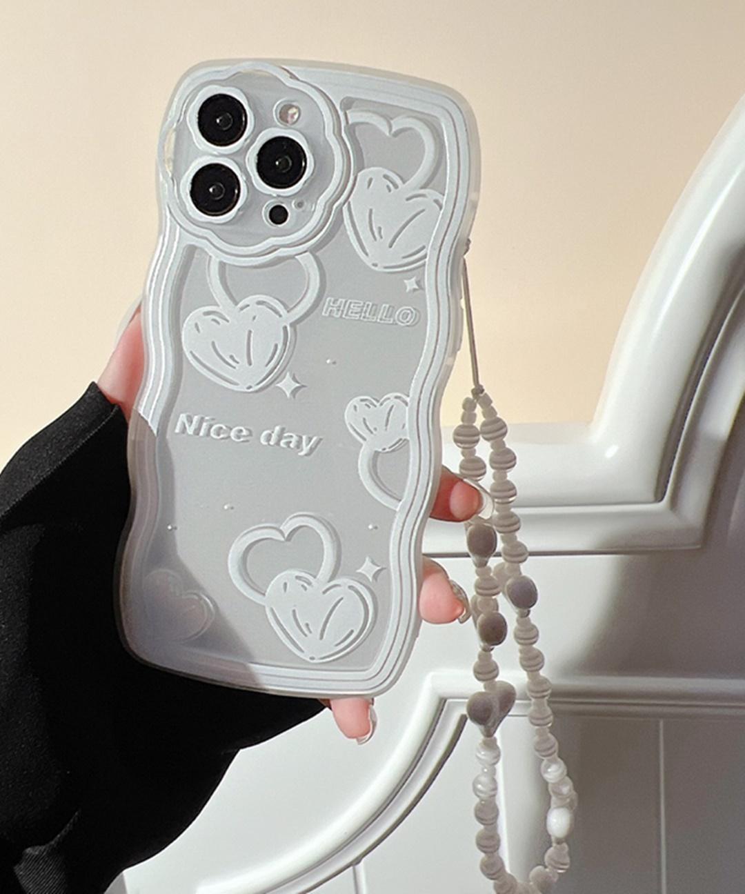 신상❤당일출고 아이폰케이스 비즈 스트랩 줄 키치 하이틴 y2k 화이트 하트 생일 선물 투명 물결 핸드폰케이스 ( 아이폰7 8 SE2 SE3 11 12 13 14 프로 맥스 )