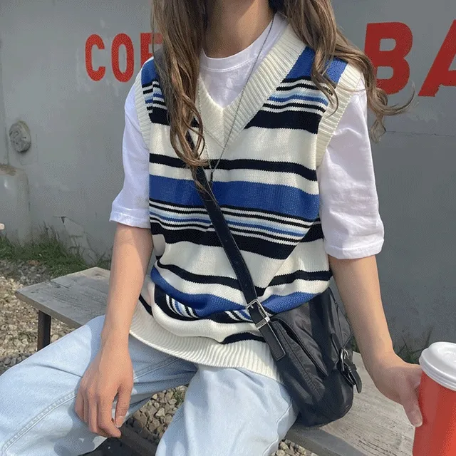 [당일출고] 포카리 스트라이프 V넥 니트조끼 (블루,옐로우)