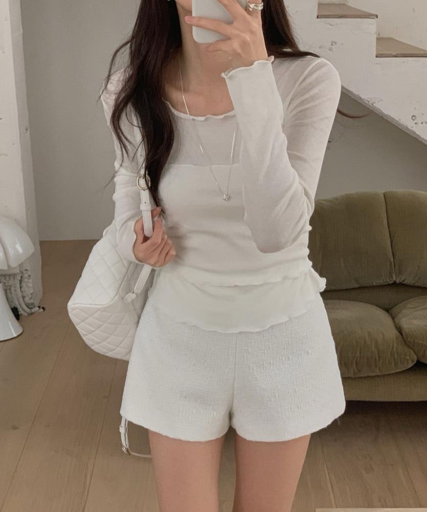 (SS) 아이당일 강추/ 미엘 리브랑 탑 세트 물결넥 레이어드 긴팔 슬림핏 분리가능 티셔츠 set(3col)