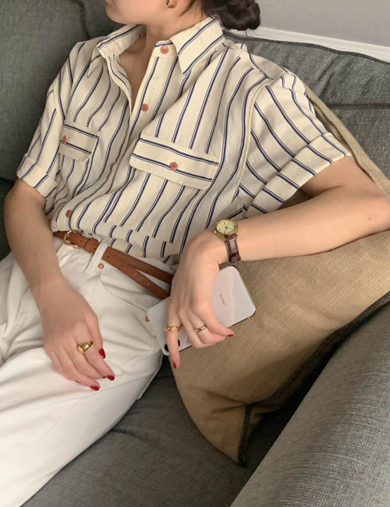 [네이비당일] 시그니처 마론 스트라이프 반팔 남방 셔츠